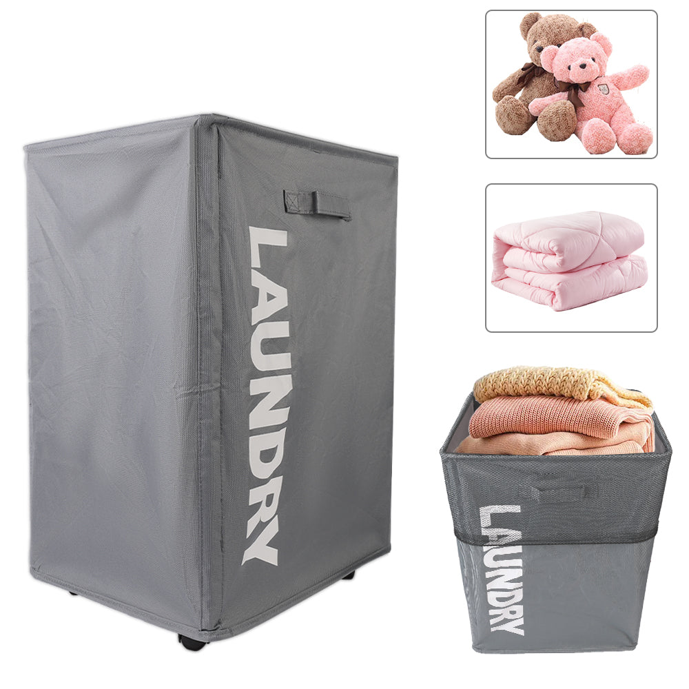Laundry Basket Collapsible on Wheels Washing Clothes Bin Slim Rolling Hamper - Grey