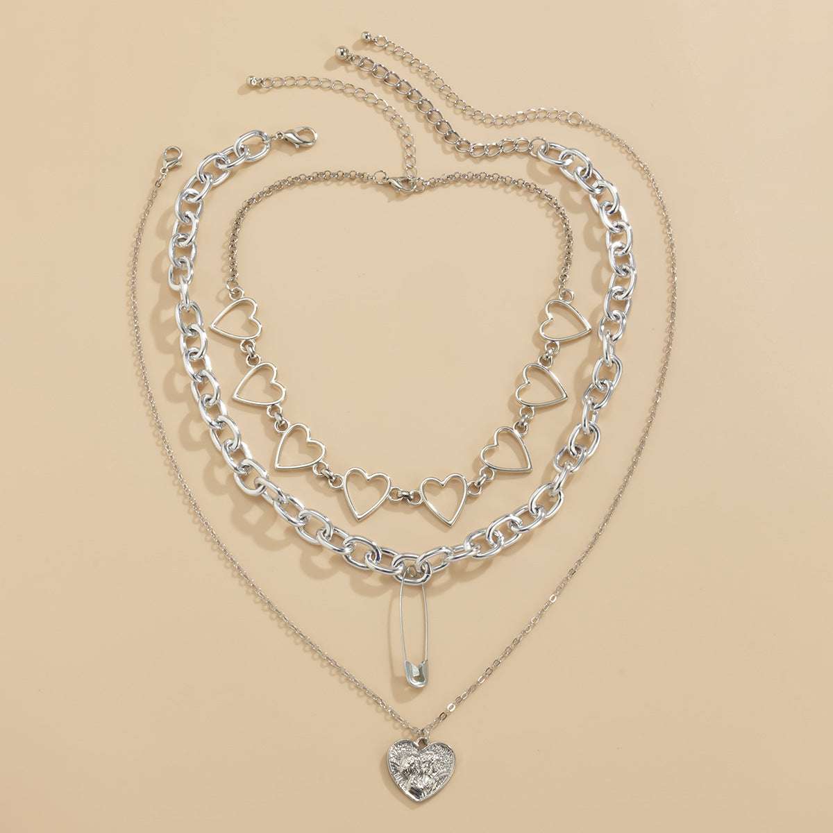 Jewelry Hip-hop Geometric Sweet Cool Love Multi-layer Necklace Personality Pin Mix And Match Embossed Necklace