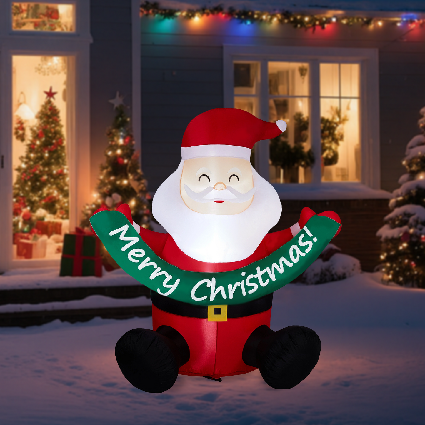 1.75M Lighted Christmas Inflatable Decoration, Inflatable Santa Claus Holding Banner, Funny Blow Up Yard Decorations with Built-in LED Lights for Holiday Party Front Yard Lawn Garden Decor didqqg-2w