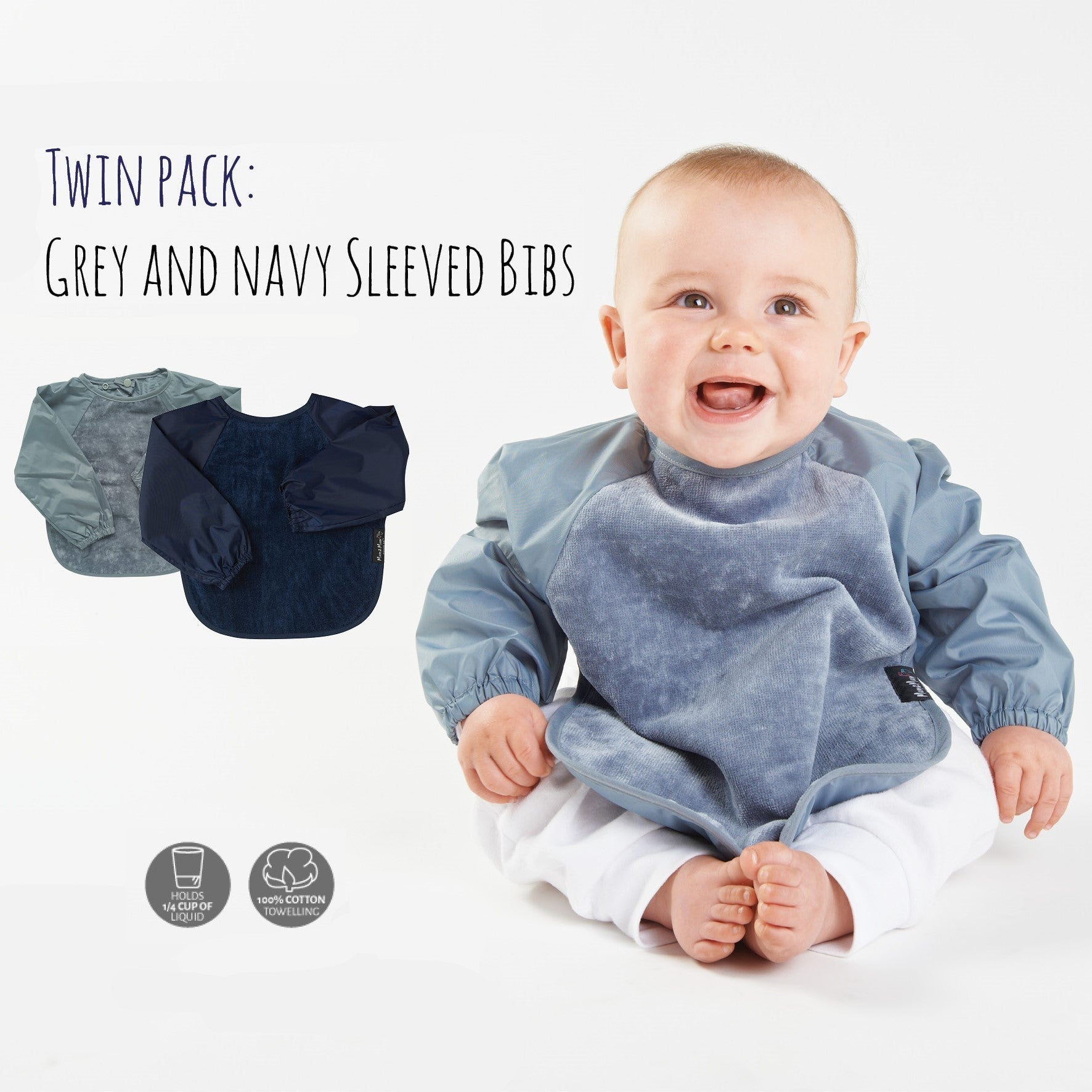 2 PACK - Mum 2 Mum Long Sleeved Wonder Bib LARGE 18m - 3 years - Grey & Navy Baby&More