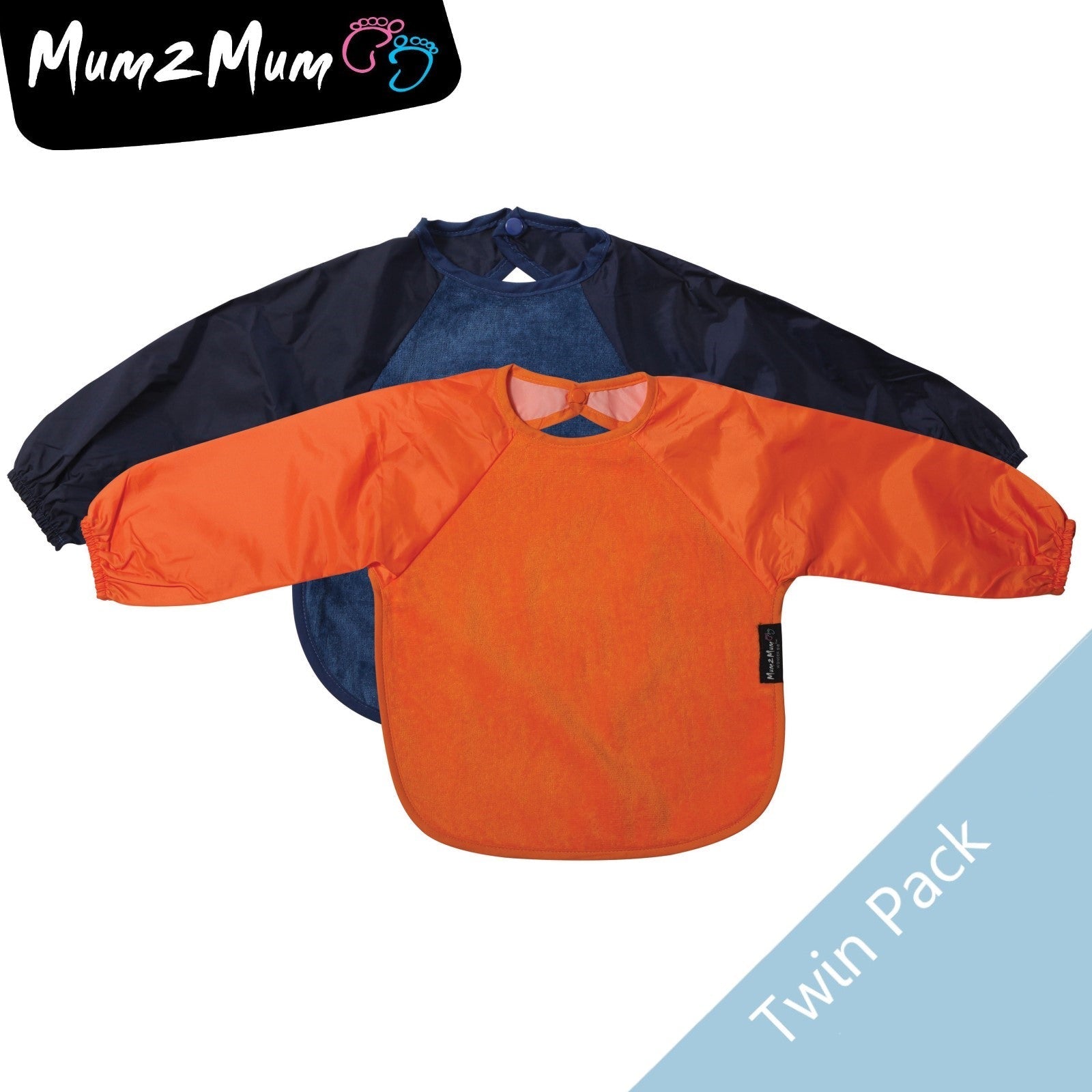 2 PACK - Mum 2 Mum Long Sleeved Wonder Bibs LARGE 18m - 3 years - Orange & Navy Baby&More