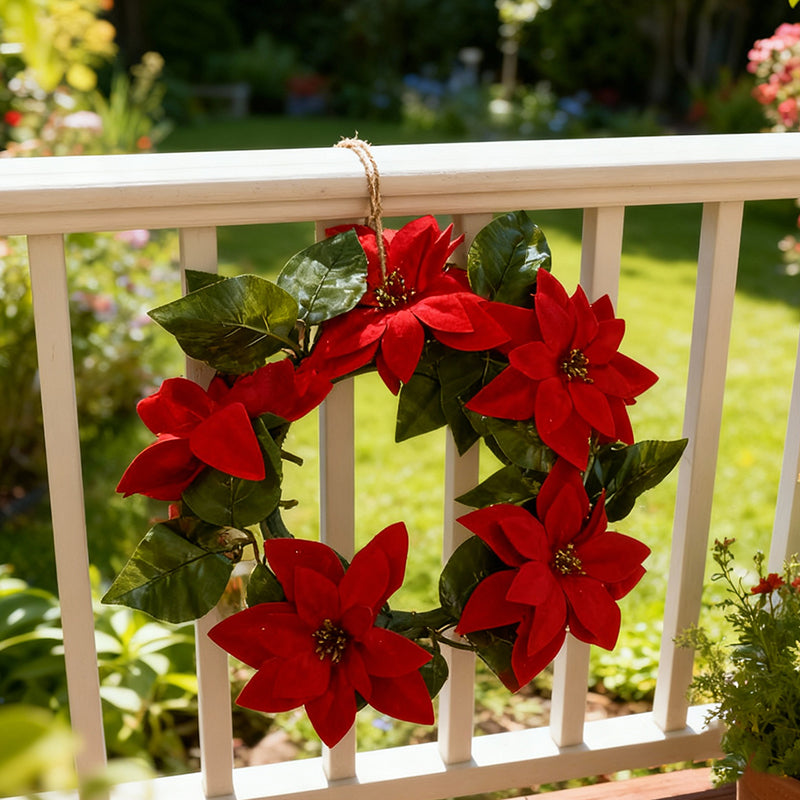 20cm Christmas Plastic Wreath with Red Poinsettia Flowers for Festive Door Decoration GoDropship