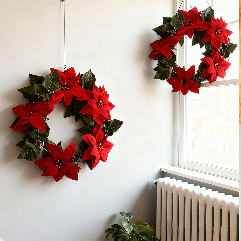 20cm Christmas Door Plastic Wreath with Red Poinsettia Flowers for Festive Decor GoDropship
