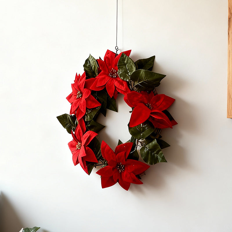 20cm Christmas Door Plastic Wreath with Red Poinsettia Flowers for Festive Decor GoDropship