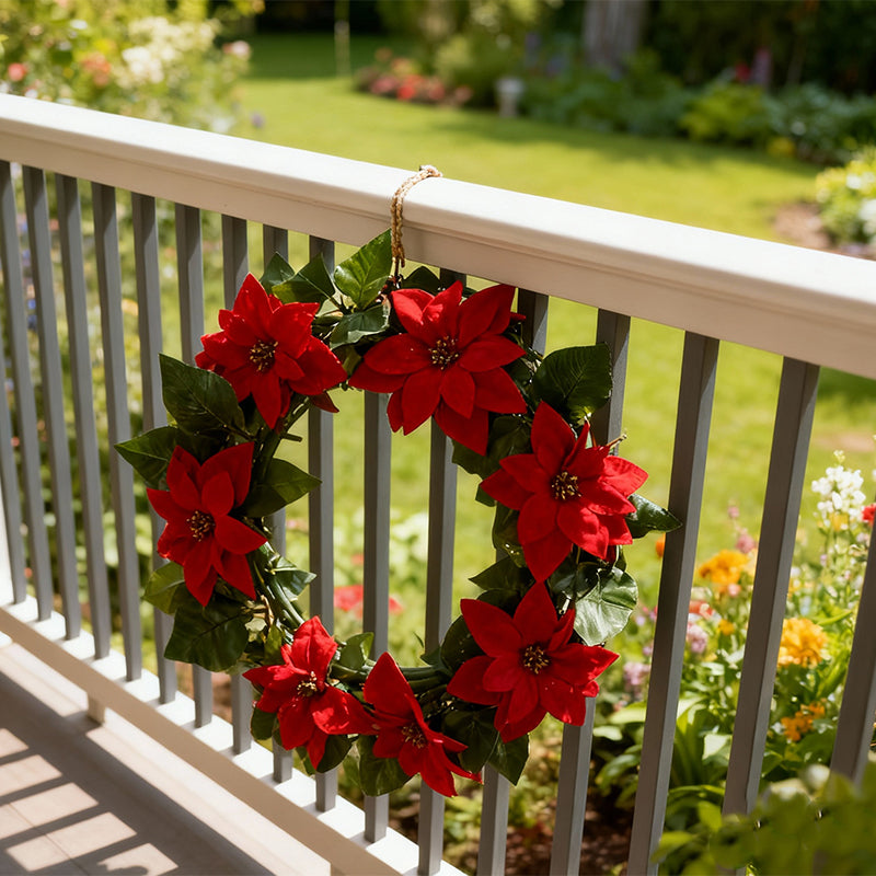 20cm Christmas Plastic Wreath with Red Poinsettia Flowers for Festive Door Decoration GoDropship