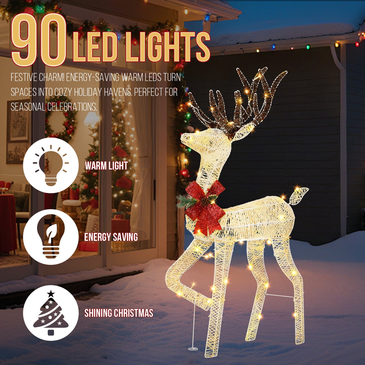 1.2M Lighted Reindeer Christmas Decorations, Pre-lit Holiday Decor with 90 Warm White LED Lights for Xmas Outdoor Indoor Decor Lighted Holiday Displays, White didqqg-2w