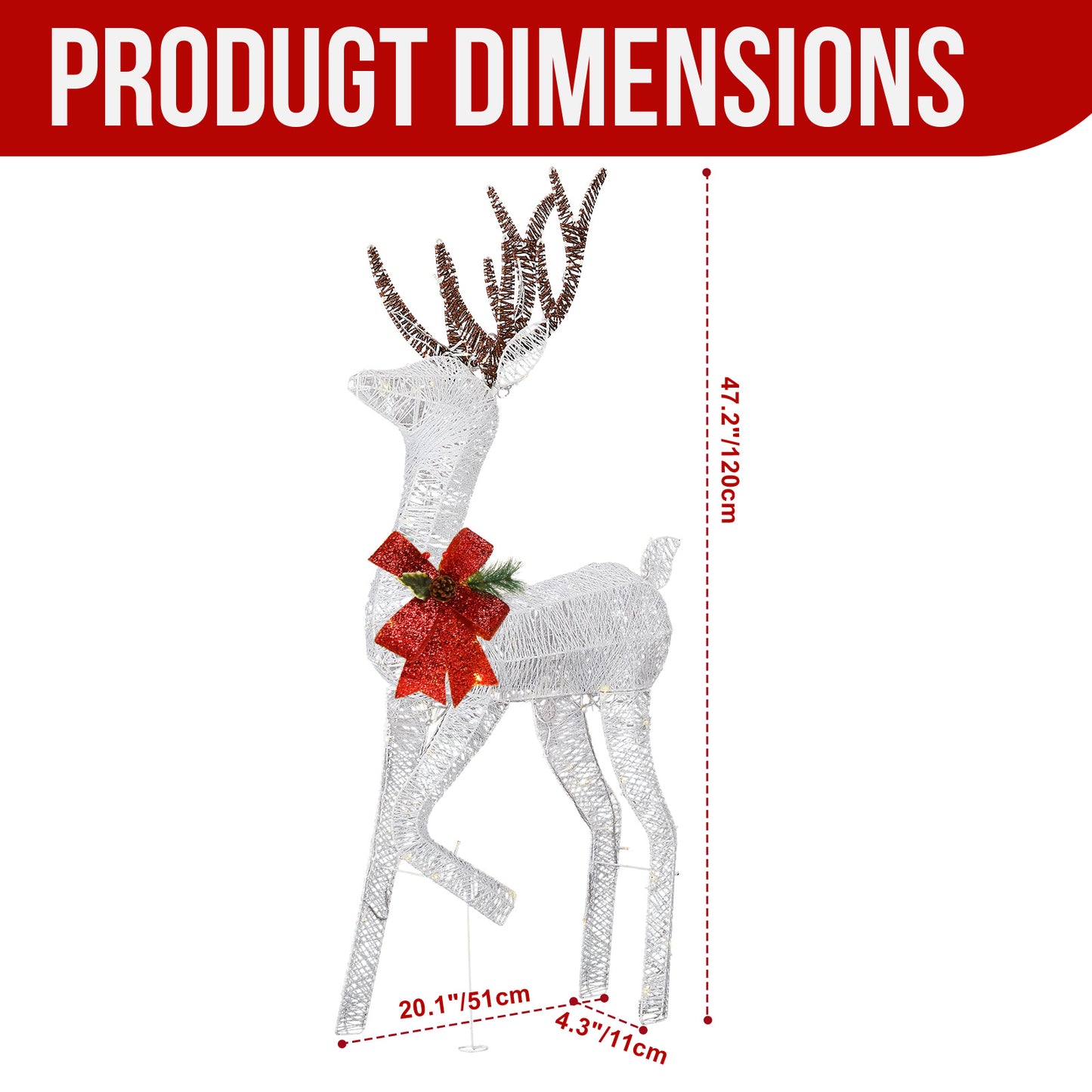 1.2M Lighted Reindeer Christmas Decorations, Pre-lit Holiday Decor with 90 Warm White LED Lights for Xmas Outdoor Indoor Decor Lighted Holiday Displays, White didqqg-2w