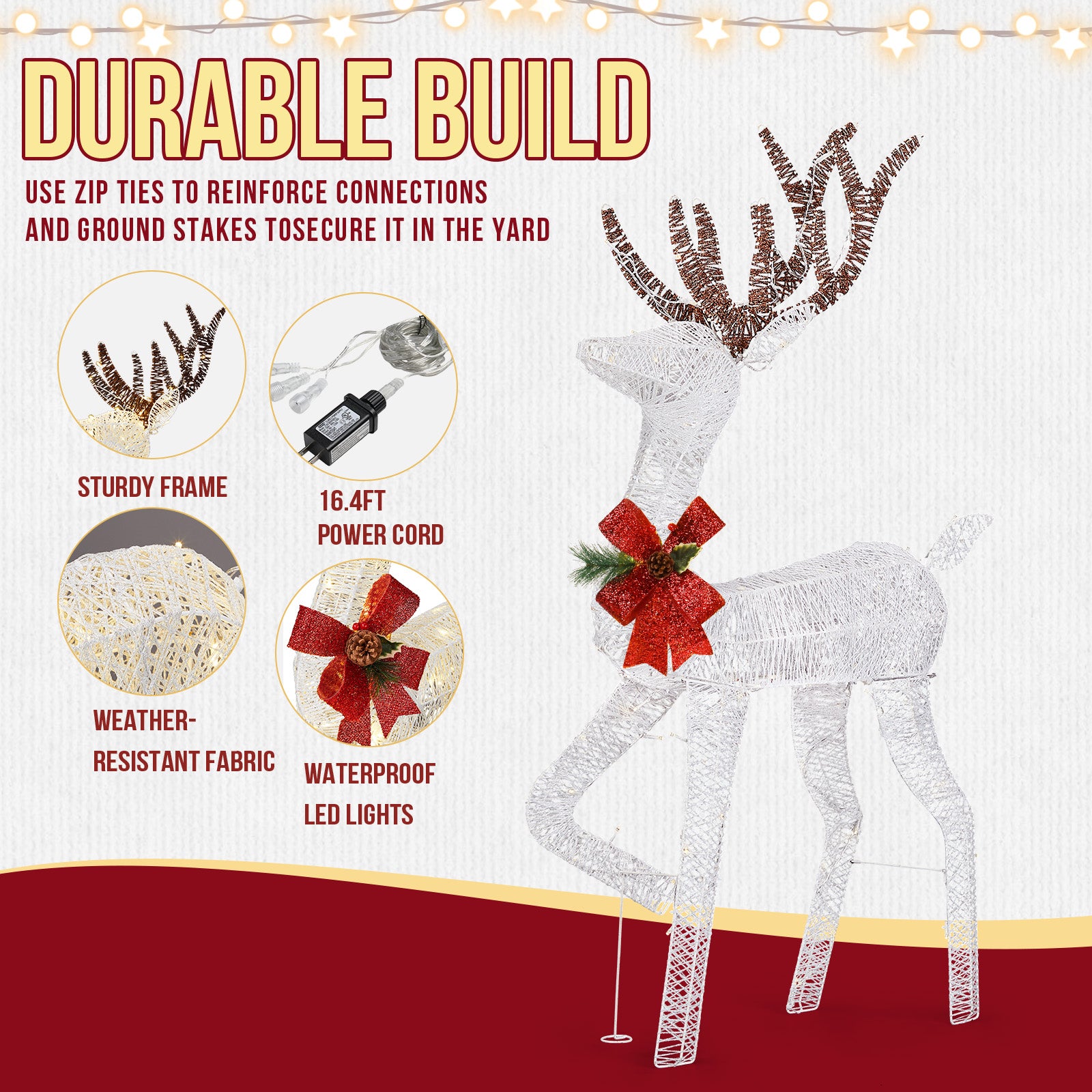 1.2M Lighted Reindeer Christmas Decorations, Pre-lit Holiday Decor with 90 Warm White LED Lights for Xmas Outdoor Indoor Decor Lighted Holiday Displays, White didqqg-2w