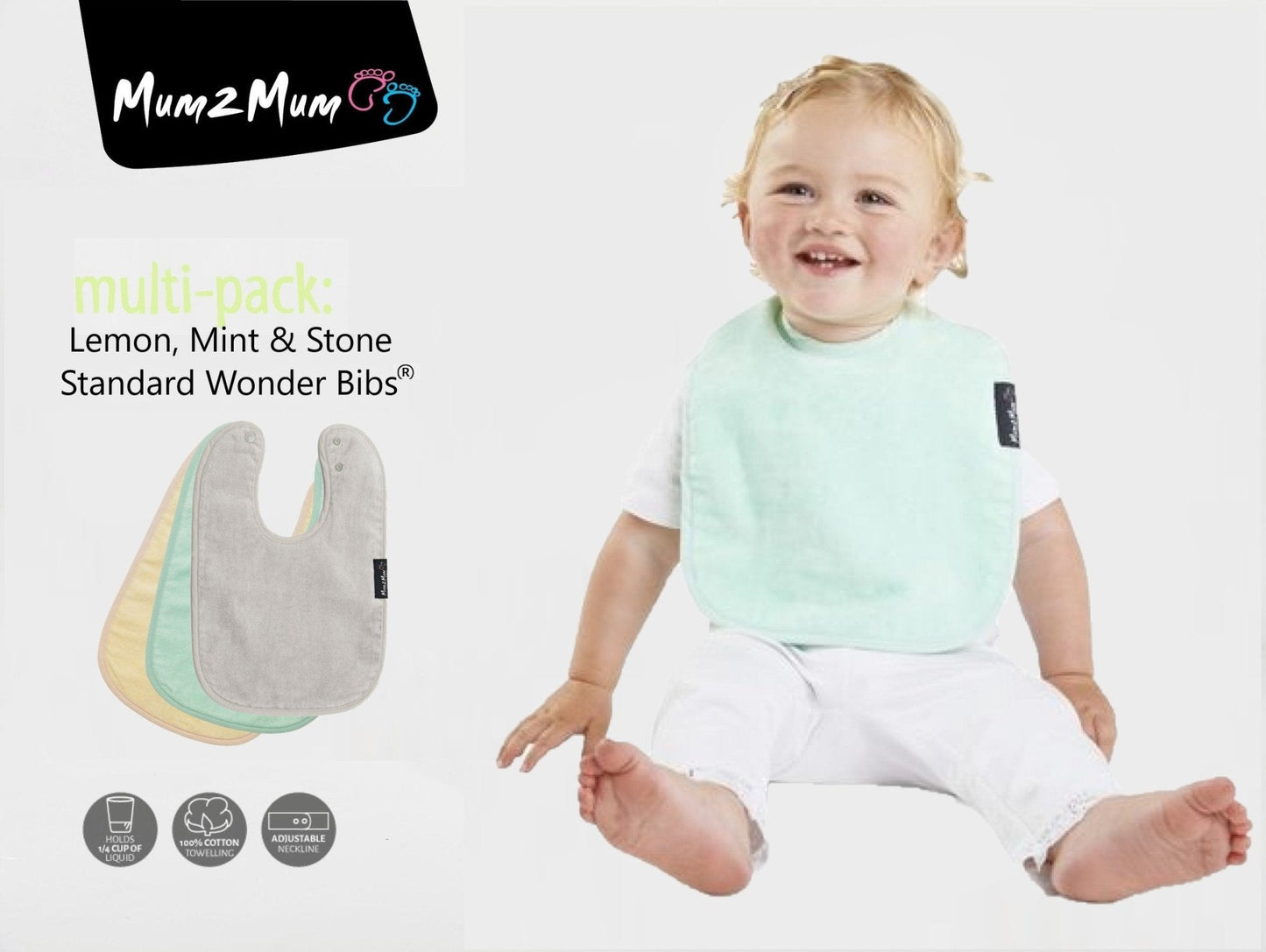 3 PACK - Mum 2 Mum Standard Wonder Bibs - Lemon / Mint / Stone Baby&More