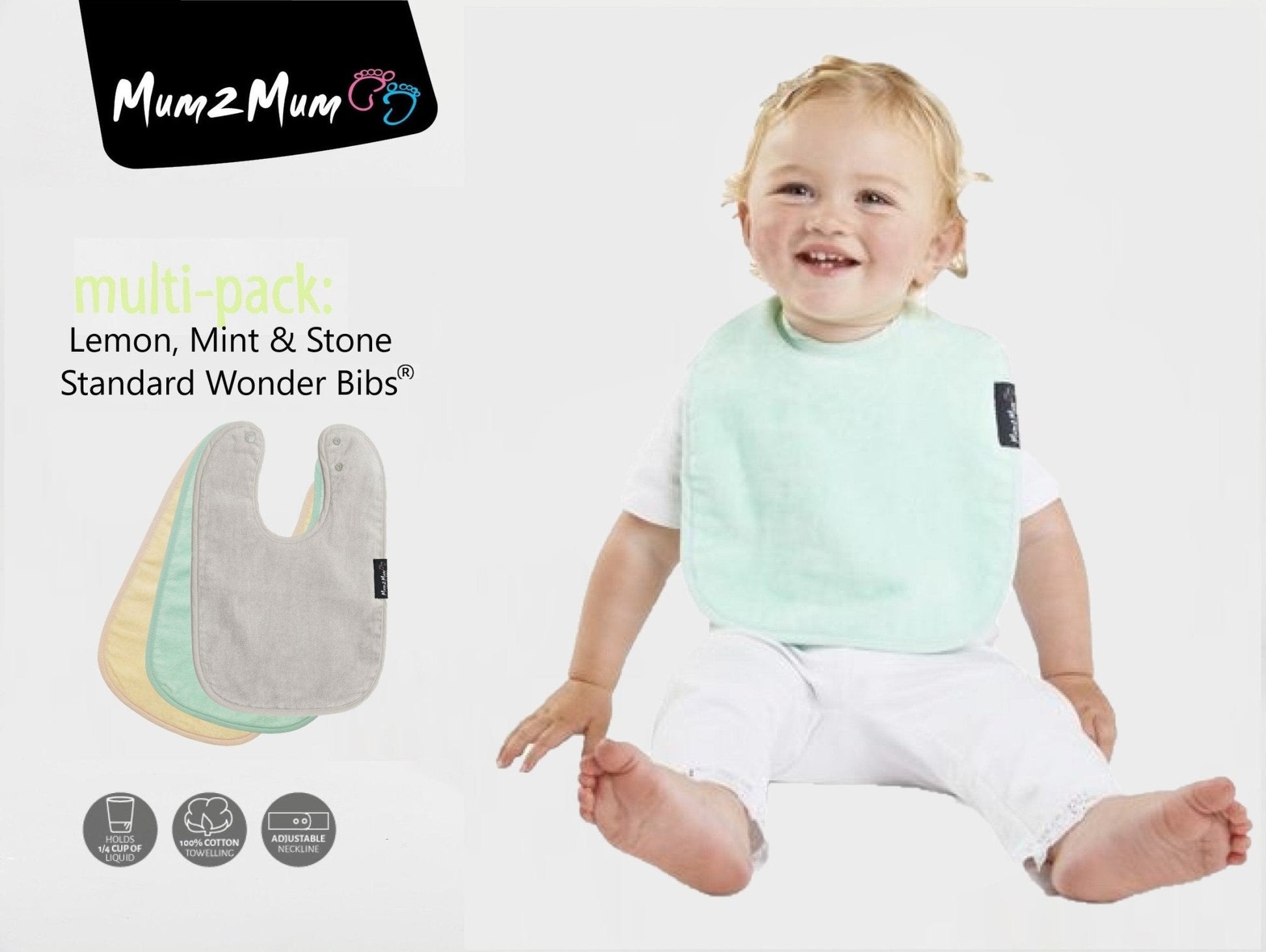 3 PACK - Mum 2 Mum Standard Wonder Bibs - Lemon / Mint / Stone Baby&More