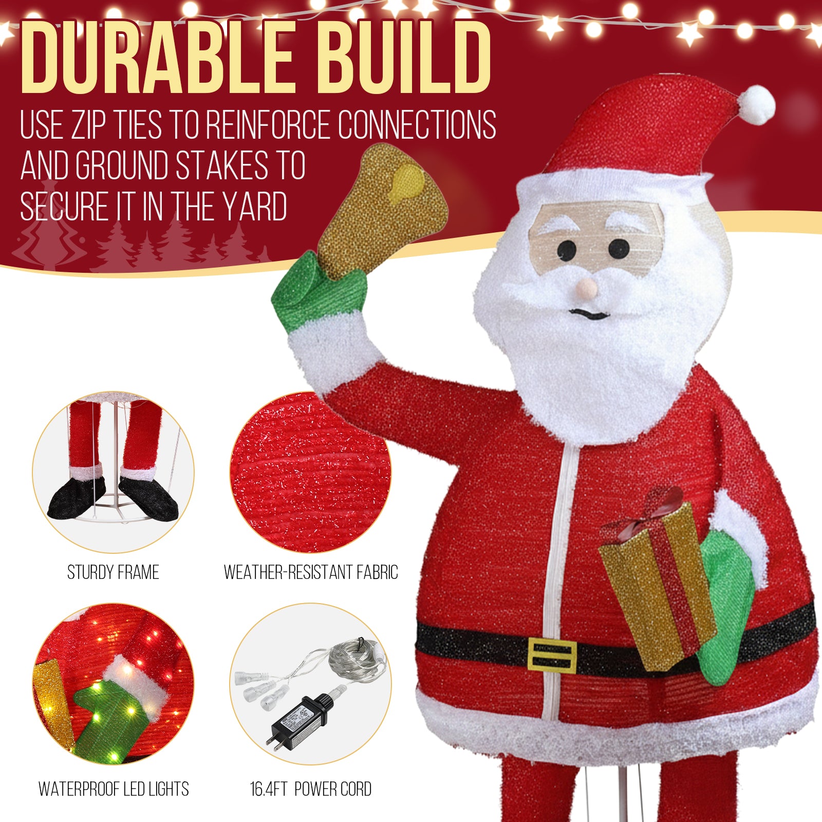 1.8M Lighted Santa Claus Holding Bell Christmas Yard Decorations, Pre-lit Pull Up Santa with 200 Warm White LEDs, for Xmas Outdoor Holiday Indoor Decor Lighted Holiday Displays didqqg-2w