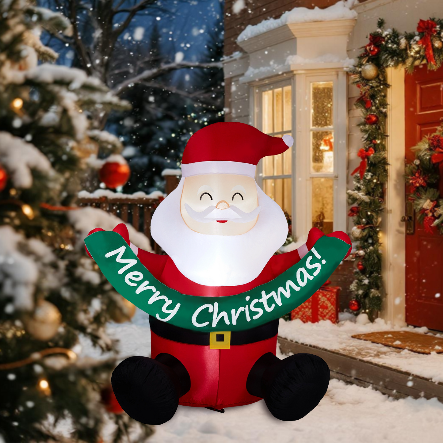 1.75M Lighted Christmas Inflatable Decoration, Inflatable Santa Claus Holding Banner, Funny Blow Up Yard Decorations with Built-in LED Lights for Holiday Party Front Yard Lawn Garden Decor didqqg-2w