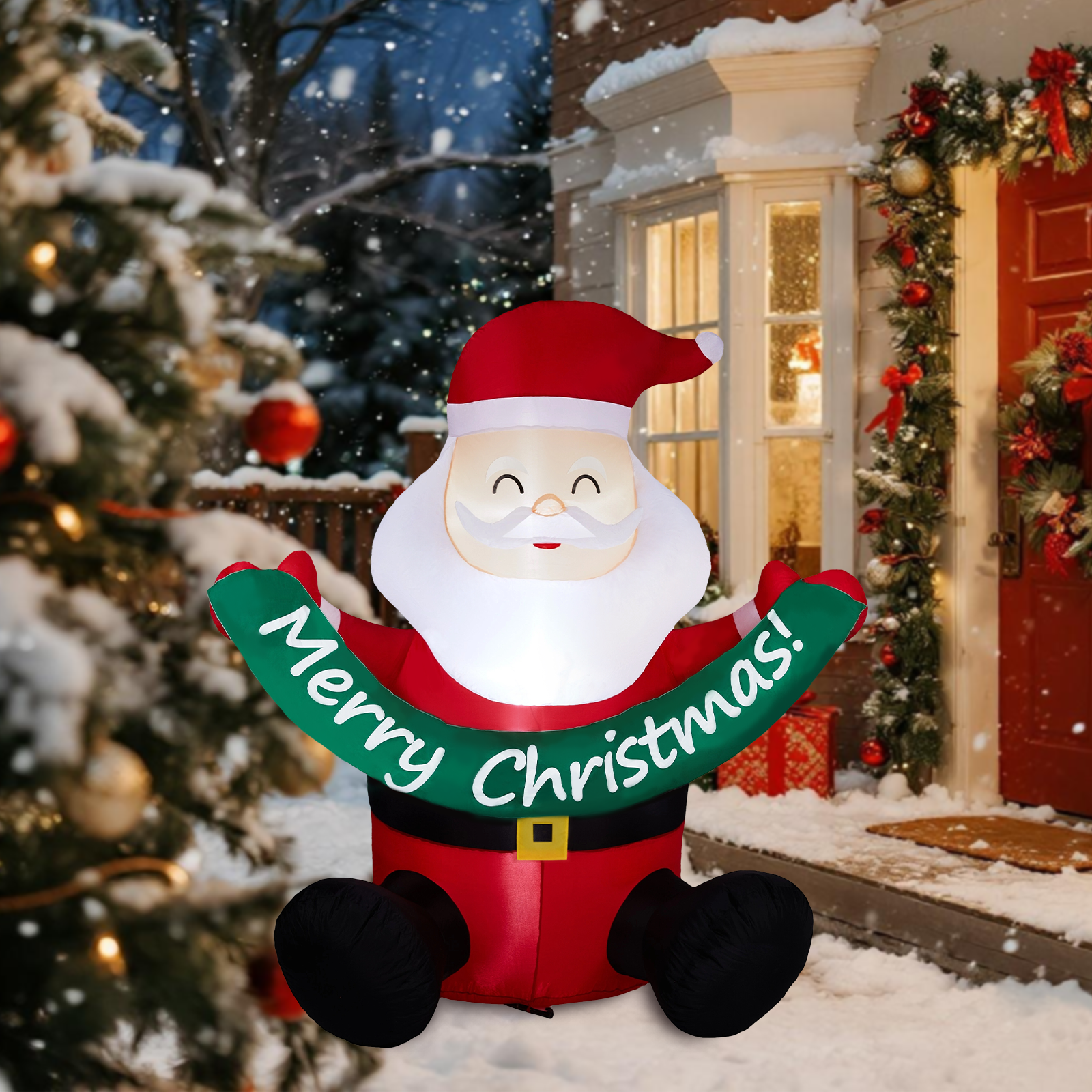 1.75M Lighted Christmas Inflatable Decoration, Inflatable Santa Claus Holding Banner, Funny Blow Up Yard Decorations with Built-in LED Lights for Holiday Party Front Yard Lawn Garden Decor didqqg-2w