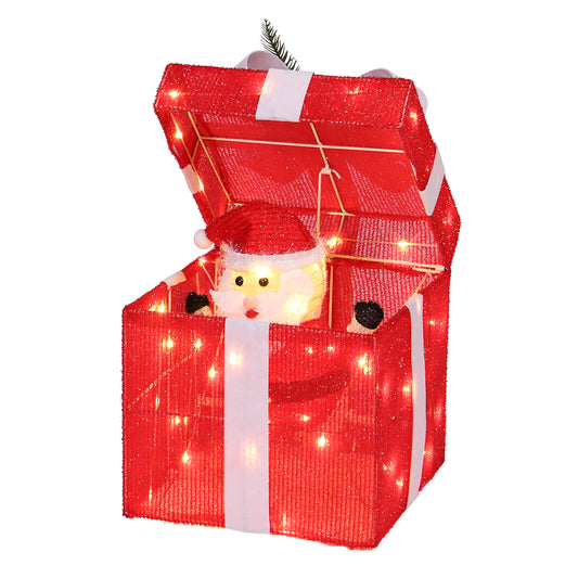 30cm Motorized Pop-up Gift Box with Santa, Outdoor Christmas Decorations with Motor & 60 LED Lights, for Xmas Outdoor Holiday Indoor Decor Lighted Holiday Displays, Red didqqg-2w