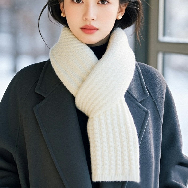 Scarf Women Winter Versatile Solid Color Thickened Woolen Knitted Scarf - White - Luxe By Sarah