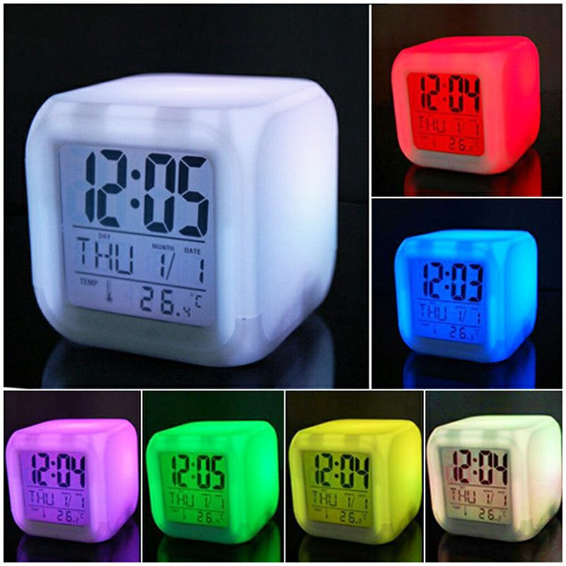 7 Colors Glowing LED Digital Silent Alarm Clock Cube with Date Day and Temperature Display - Luxe By Sarah