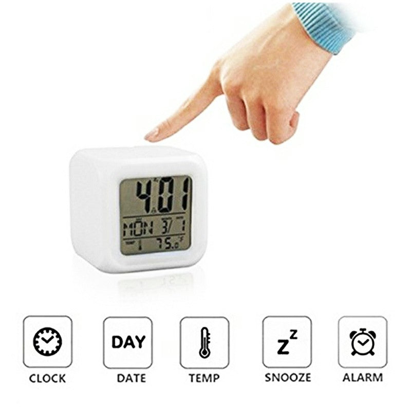 7 Colors Glowing LED Digital Silent Alarm Clock Cube with Date Day and Temperature Display - Luxe By Sarah
