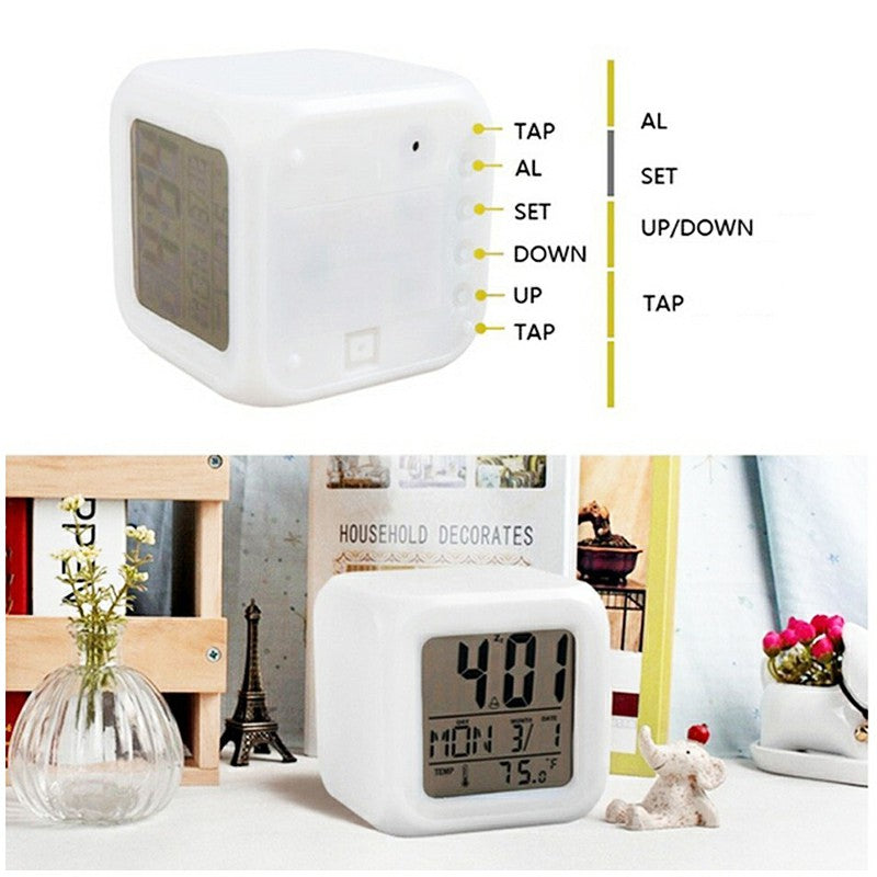 7 Colors Glowing LED Digital Silent Alarm Clock Cube with Date Day and Temperature Display - Luxe By Sarah