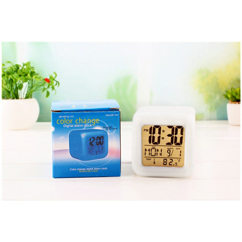 7 Colors Glowing LED Digital Silent Alarm Clock Cube with Date Day and Temperature Display - Luxe By Sarah