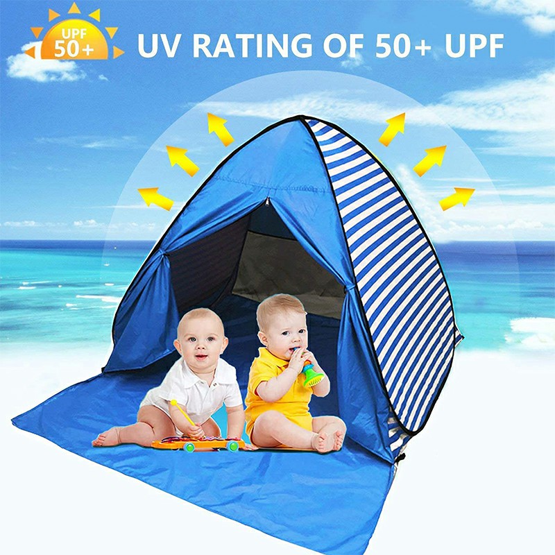 Pop Up Beach Tent Shade Sun Shelter UPF 50+ Canopy Cabana 2-3 Person - Dark Blue Stripes - Luxe By Sarah