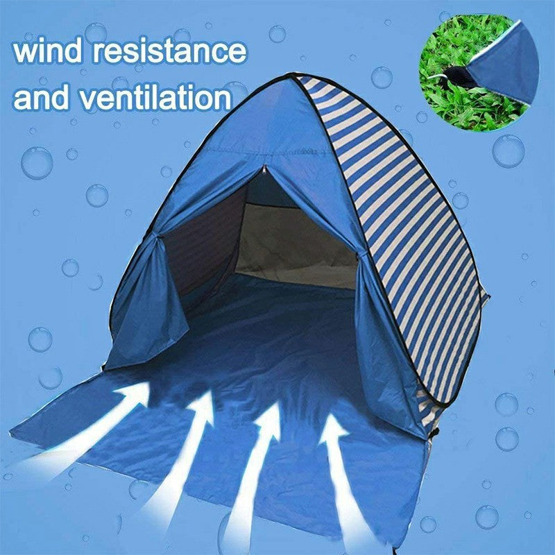 Pop Up Beach Tent Shade Sun Shelter UPF 50+ Canopy Cabana 2-3 Person - Dark Blue Stripes - Luxe By Sarah