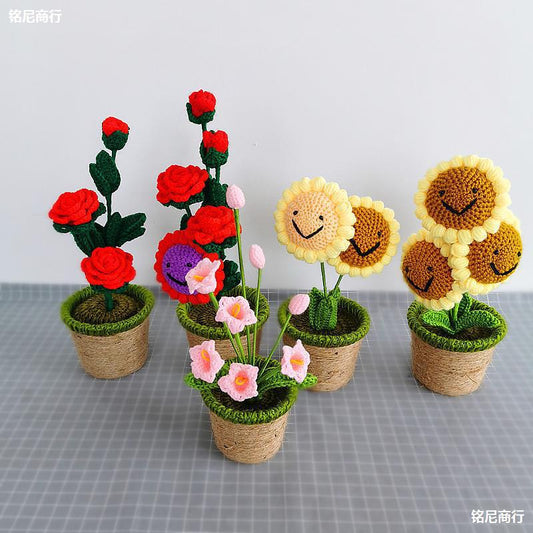 Hand-woven Potted Rose Simulation Sunflower Knitted Wool Flower Teacher&#039;s Day To Send Teacher Decoration Finished Product