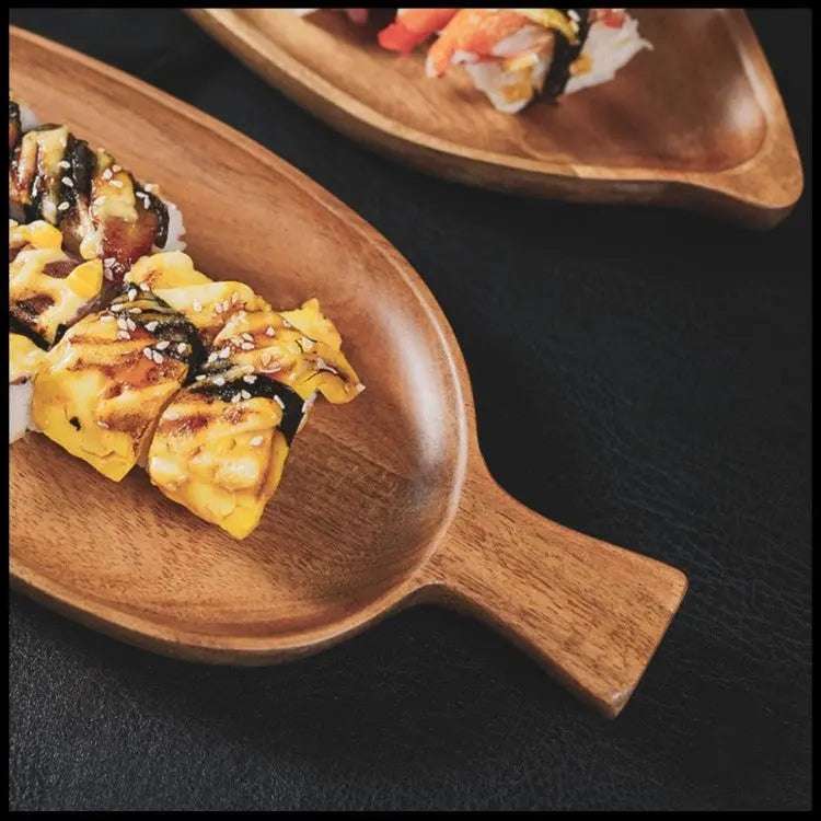 Japanese Style Wooden Leaf Shaped Tray Afternoon Tea Sushi Snack Serving Plate Vintage Wood Tea Tray Leaf Pattern Dishware