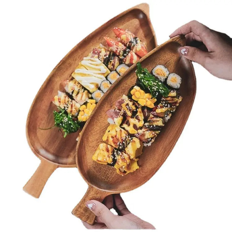 Japanese Style Wooden Leaf Shaped Tray Afternoon Tea Sushi Snack Serving Plate Vintage Wood Tea Tray Leaf Pattern Dishware