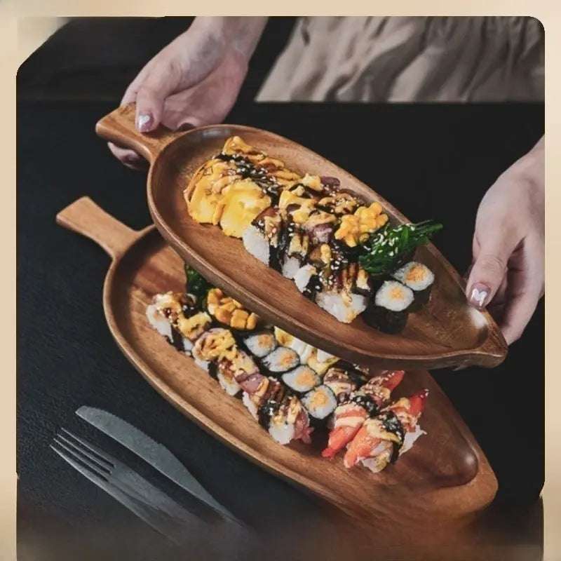 Japanese Style Wooden Leaf Shaped Tray Afternoon Tea Sushi Snack Serving Plate Vintage Wood Tea Tray Leaf Pattern Dishware