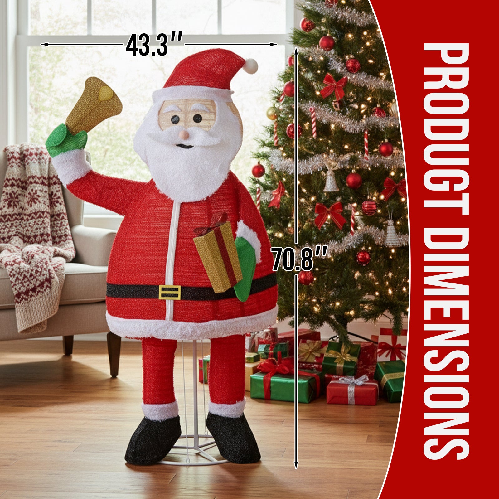 1.8M Lighted Santa Claus Holding Bell Christmas Yard Decorations, Pre-lit Pull Up Santa with 200 Warm White LEDs, for Xmas Outdoor Holiday Indoor Decor Lighted Holiday Displays didqqg-2w