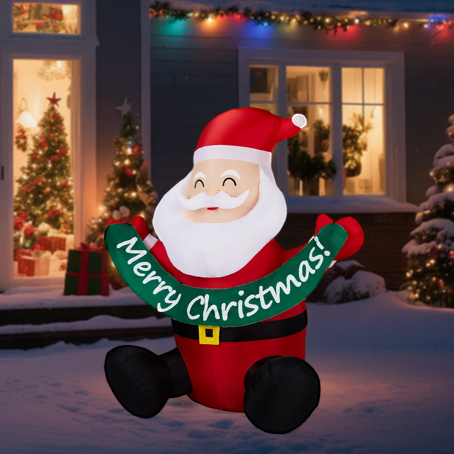 1.75M Lighted Christmas Inflatable Decoration, Inflatable Santa Claus Holding Banner, Funny Blow Up Yard Decorations with Built-in LED Lights for Holiday Party Front Yard Lawn Garden Decor didqqg-2w