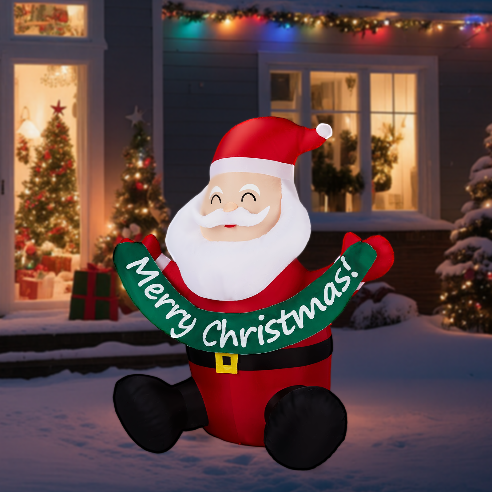 1.75M Lighted Christmas Inflatable Decoration, Inflatable Santa Claus Holding Banner, Funny Blow Up Yard Decorations with Built-in LED Lights for Holiday Party Front Yard Lawn Garden Decor didqqg-2w