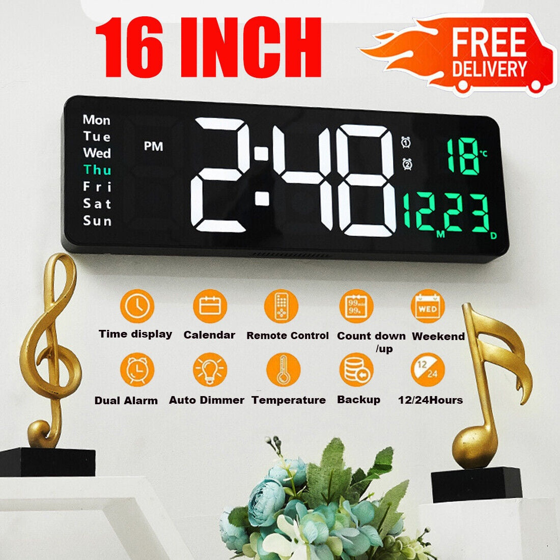 UK 16-inch LED Digital Clock With Battery - Luxe By Sarah