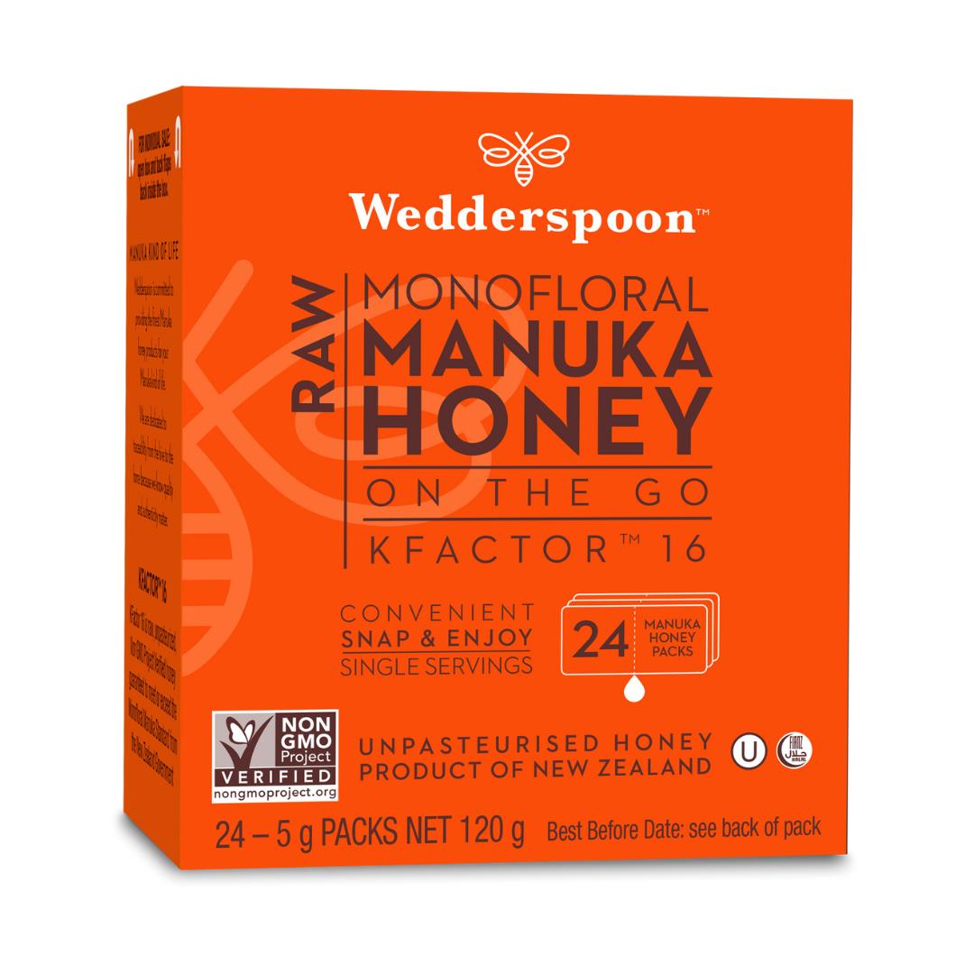 Wedderspoon Honey On The Go KFactor 16+ Manuka Snap Packs 120g (24 snaps per box) Natural Health World UK