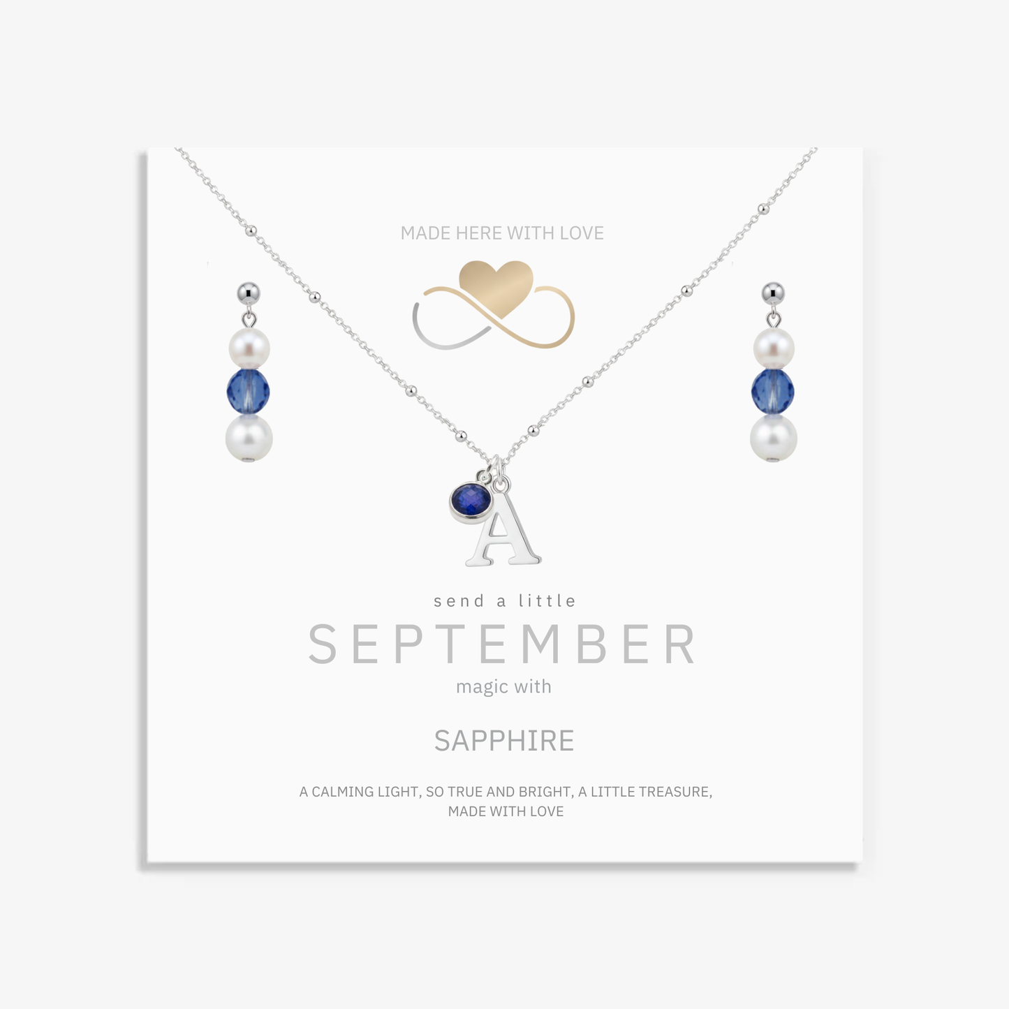 September Birthstone Jewellery Set | Pearl & Sapphire Earrings + Personalised Necklace