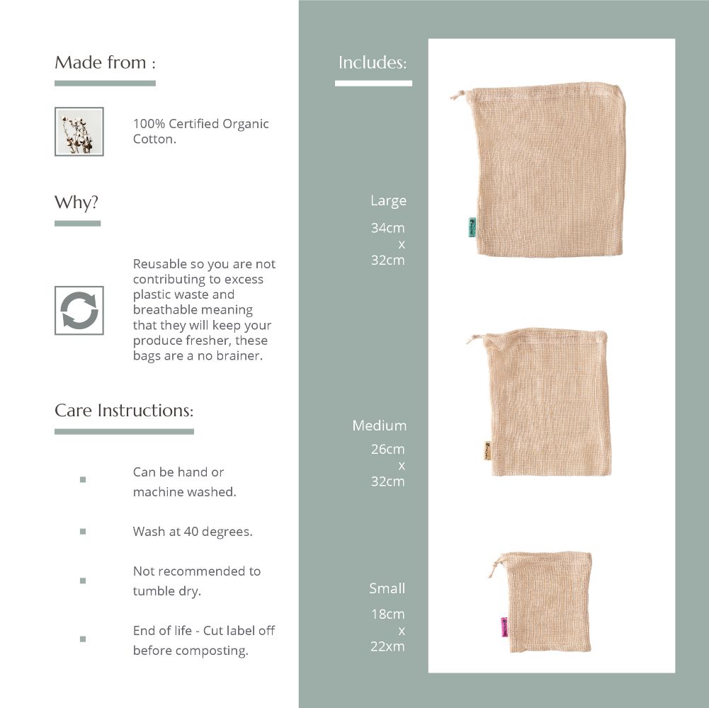 Reusable Mesh Produce Bags - Organic Cotton - 3 Pack Wild And Stone