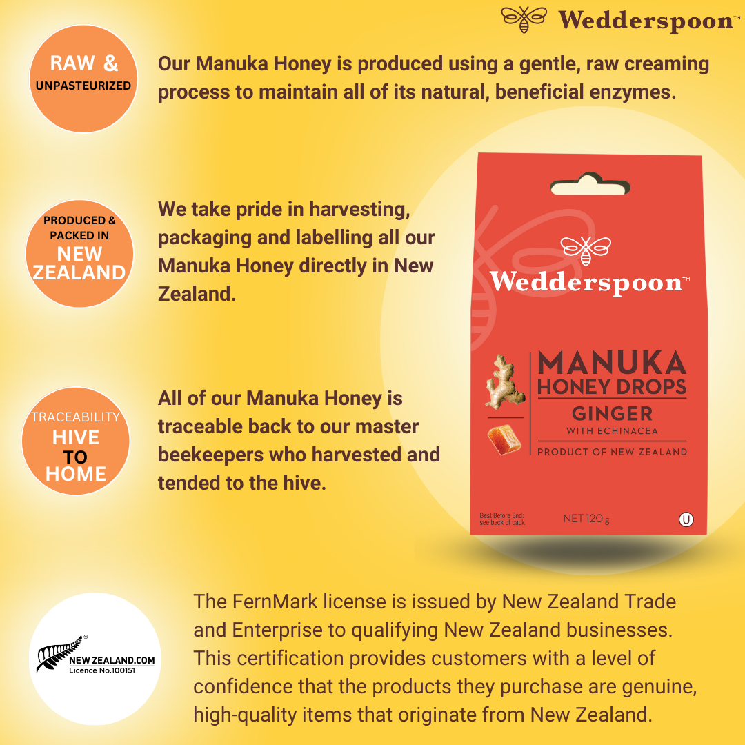 Wedderspoon Natural Manuka Honey Drops Ginger (20 Drops per box) Natural Health World UK