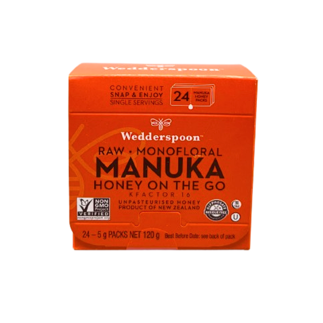 Wedderspoon Honey On The Go KFactor 16+ Manuka Snap Packs 120g (24 snaps per box) Natural Health World UK